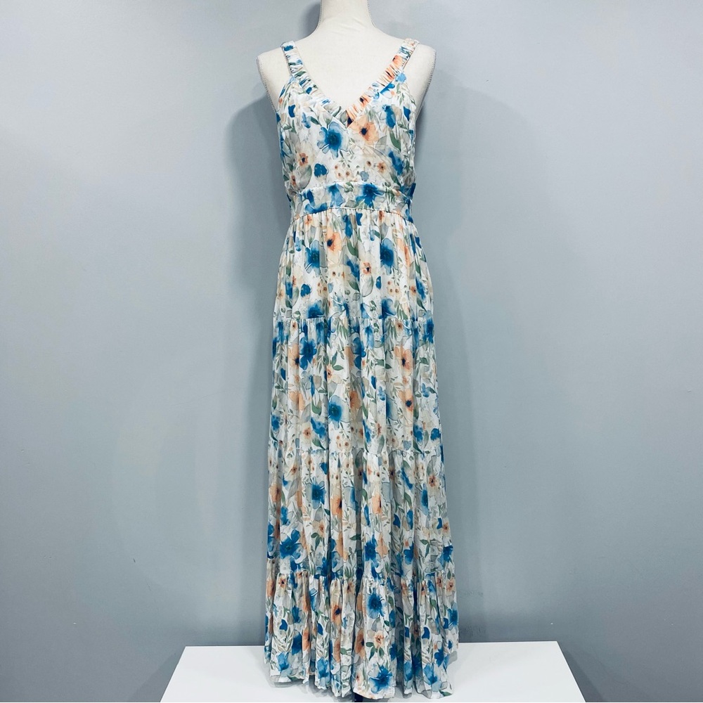 NWT Penelope Rose XL Tiered Maxi Dress Peach Blue Ditsy Floral Whimsy Cottage
